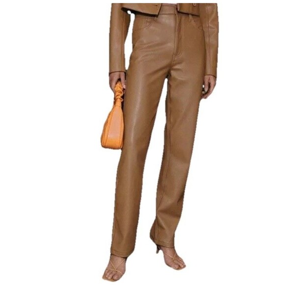 Abercrombie 90s Straight Ultra High Rise Faux Leather Pants Women’s 33/16L Tan - Picture 1 of 16
